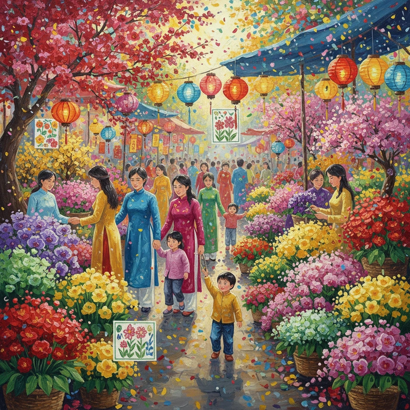 Vẽ tranh ngày Tết với chợ hoa quen thuộc.