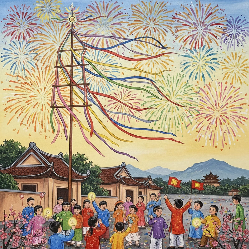 Vẽ tranh pháo hoa ngày Tết