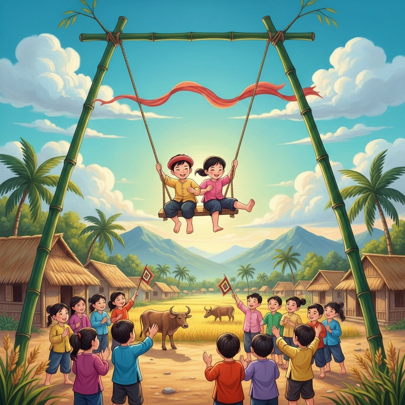 Vẽ tranh trò chơi dân gian lớp 6 đánh đu tre