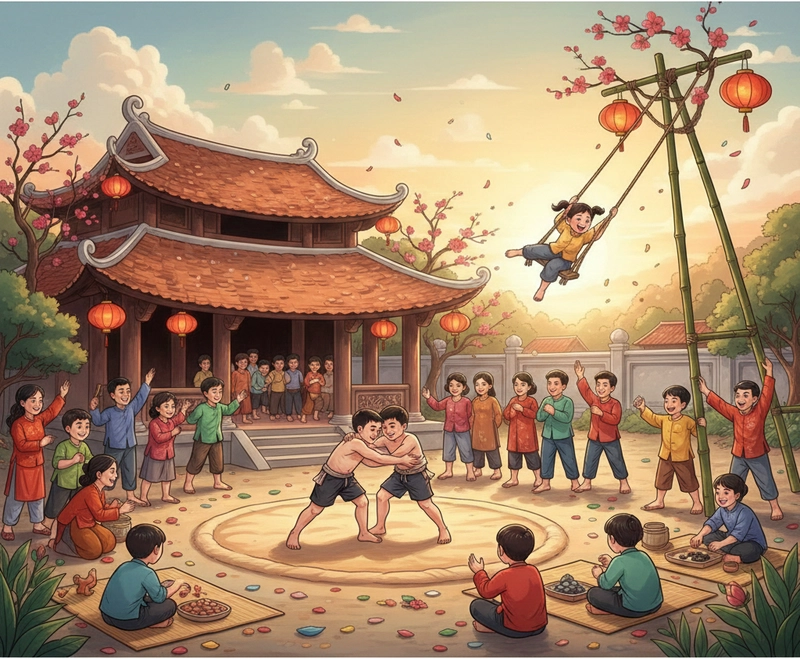 Vẽ tranh trò chơi dân gian sân đình ngày Tết