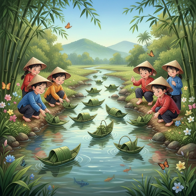 Vẽ tranh trò thả thuyền lá tre