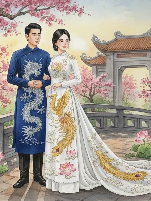 Tranh vẽ áo dài nam nữ mang nét hiện đại