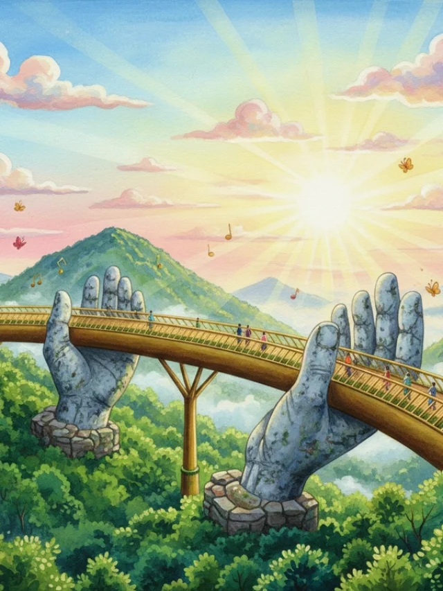 Tranh vẽ danh lam thắng cảnh Việt Nam đơn giản - Cầu Vàng Bà Nà Hill (Đà Nẵng)