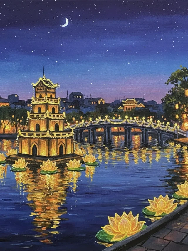 Vẽ tranh Hồ Gươm với Tháp Rùa nổi bật